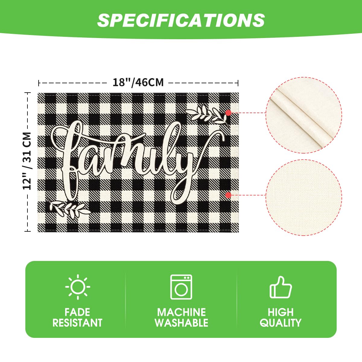 Artoid Mode Love Family Together Home Buffalo Plaid Placemats for Dining Table, 12 x 18 Inch Holiday Vintage Thanksgiving Washable Table Mat Set of 4