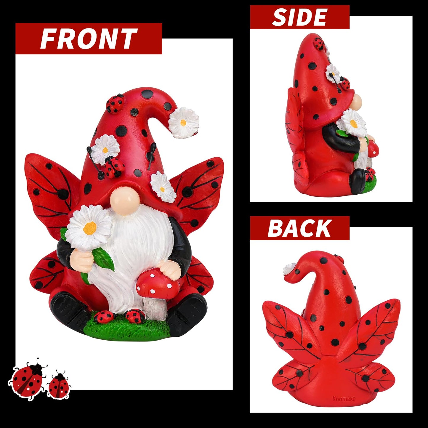 KnomeKo Ladybug Gnome Garden Decor, Fairy Gnome Figurine with Flowers, Spring Summer Outdoor Garden Decorations for Yard Lawn Patio, Garden Gifts for Women