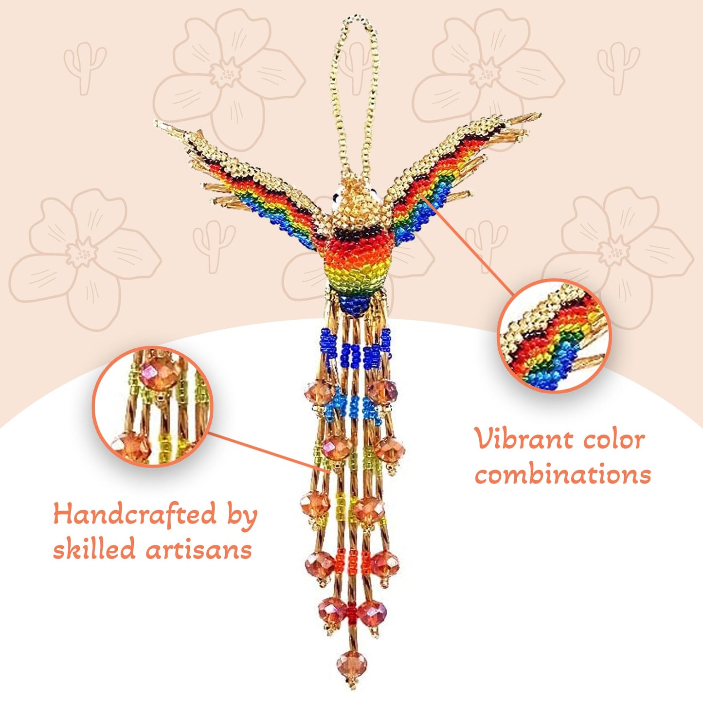 Spirit of Nature - Hummingbird Decor Hanging Figurine | Bird Figurines Home Decor | Ornament Czech Glass Seed Bead Decorative Hanging Ornaments - Handmade Decoration (Gold/Rainbow)