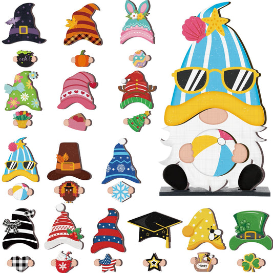 Blulu 32 Pcs Interchangeable Wooden Gnome Decor Summer 4th of July Patriotic Gnomes Welcome Sign Holiday Seasonal Tiered Tray Decor with Magnet Pieces for Gifts Decorations (Cute)