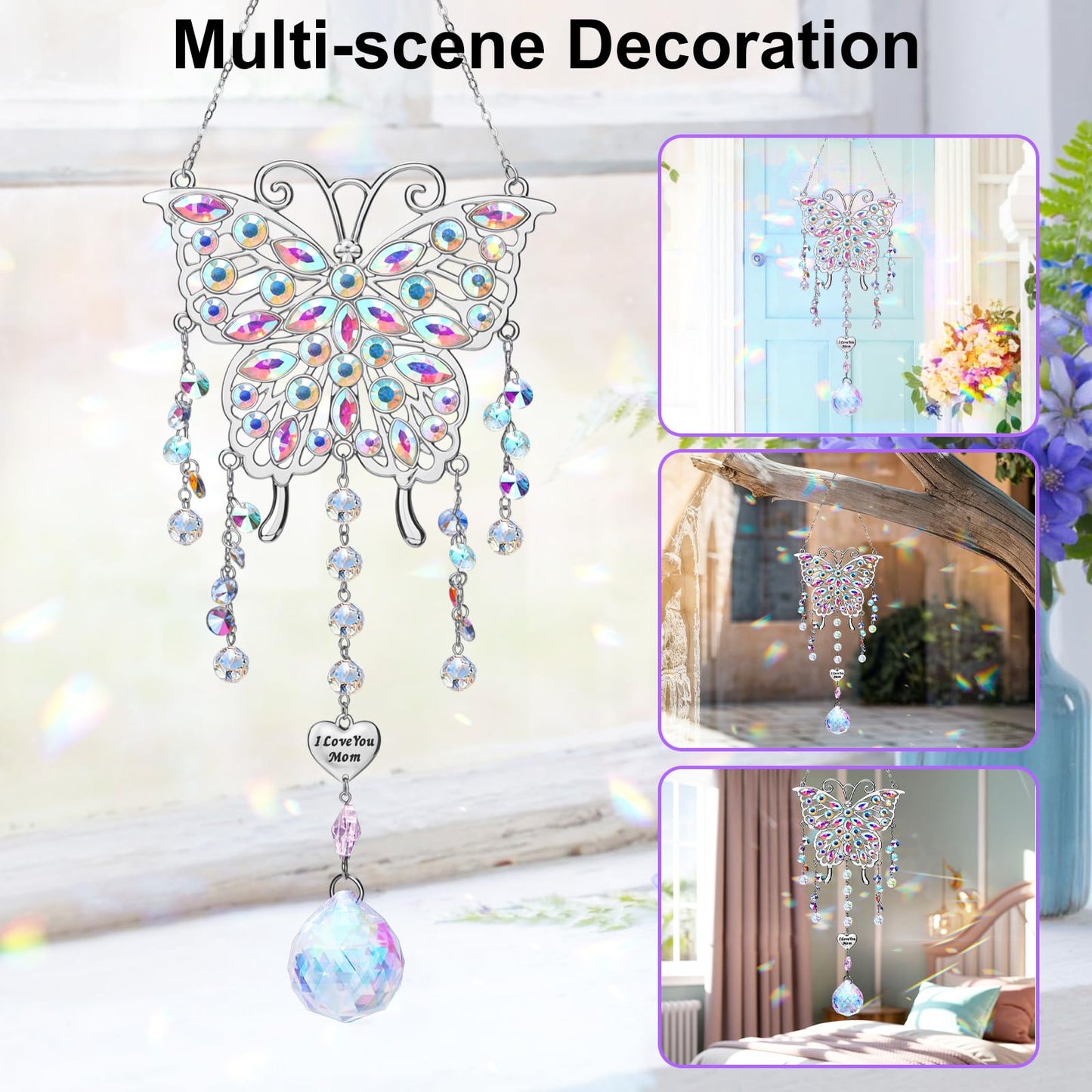 Mother's Day Butterfly Gifts for Mom, Rhinestones Crystal Butterfly Suncatcher Hanging Ornament Window Decor for Garden House, Unique Birthday Gifts for Her Mother-in-Law