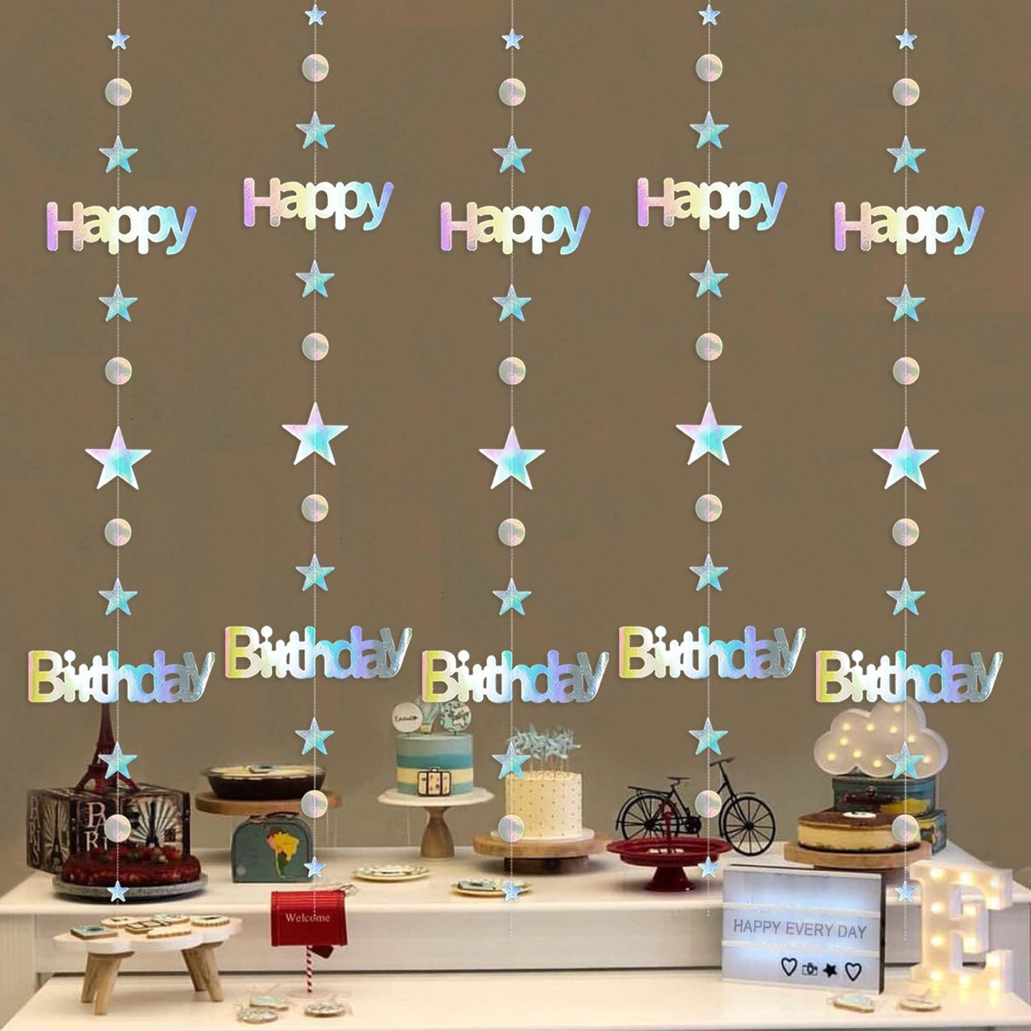 Leekryeton Happy Birthday Banner, Birthday Decorations for Women & Girls, Iridescent Holographic Star Circle Dot Garland Sign, Hanging Streamers Party Decor with Aurora Rainbow Effects