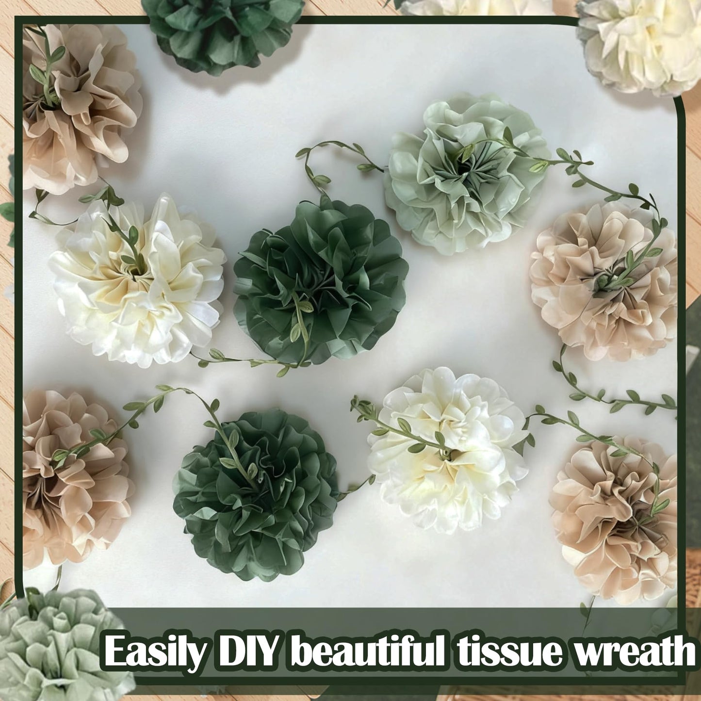 Tissue Paper Flowers Pom Pom Garland with Leaf Ribbon, 2 PCS 8.2ft Hanging Streamer for Wedding, Baby Shower, Rustic Boho Party Decor, Green Beige Neutral Tones, Reusable & Easy to Assemble