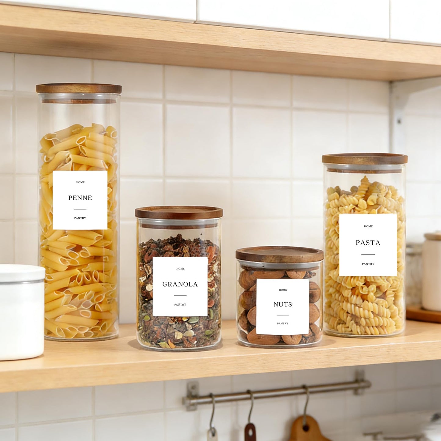 GENSTEUO Set of 6 Glass Pantry Jars with Acacia Wood Lids, 32oz Airtight Pantry Storage Containers with 105 Labels, Glass Kitchen Canisters for Coffee, Tea, Sugar, Pasta
