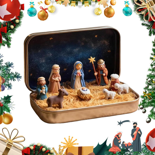 Mini Christmas Nativity Set in a Tin Box – Portable Mini Nativity Set with Resin Nativity Sets & Figures, Pocket-Size Holy Family Scene for Home Décor or Travel (1PC)