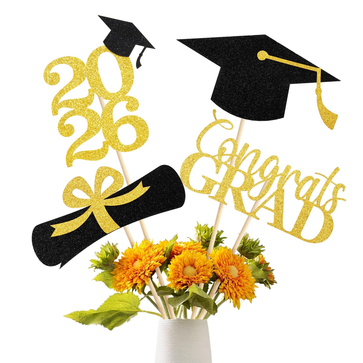Graduation Decorations 2026, 16PCS Graduation Centerpieces for Tables, Class of 2026 Graduation Party Decorations, Gold and Black Grad Party Decors Table Toppers Sticks