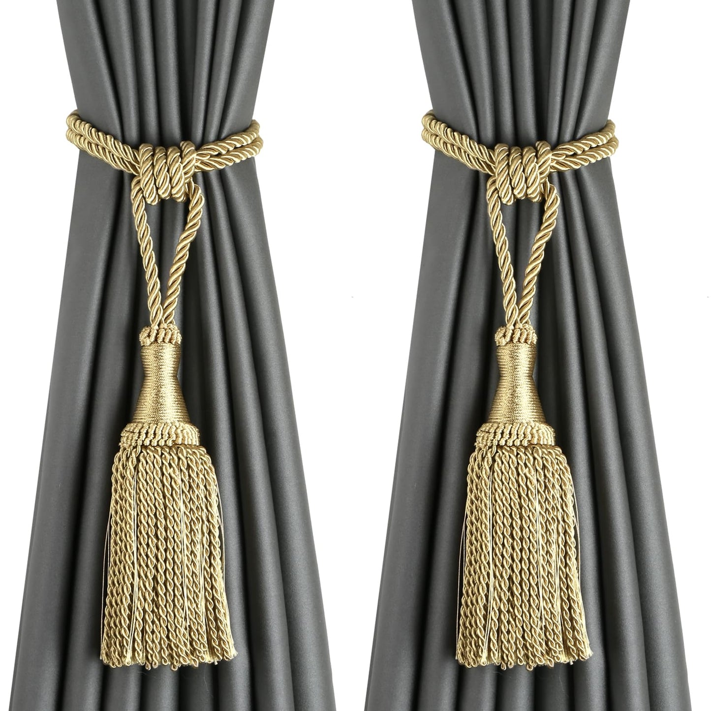 HedongHexi 2 Pack Gold Curtain Tassel Tibacks, Modern Rope Window Curtain Ties Backs for Draperies, Outdoor Elegant Decorative Curtain Holdbacks