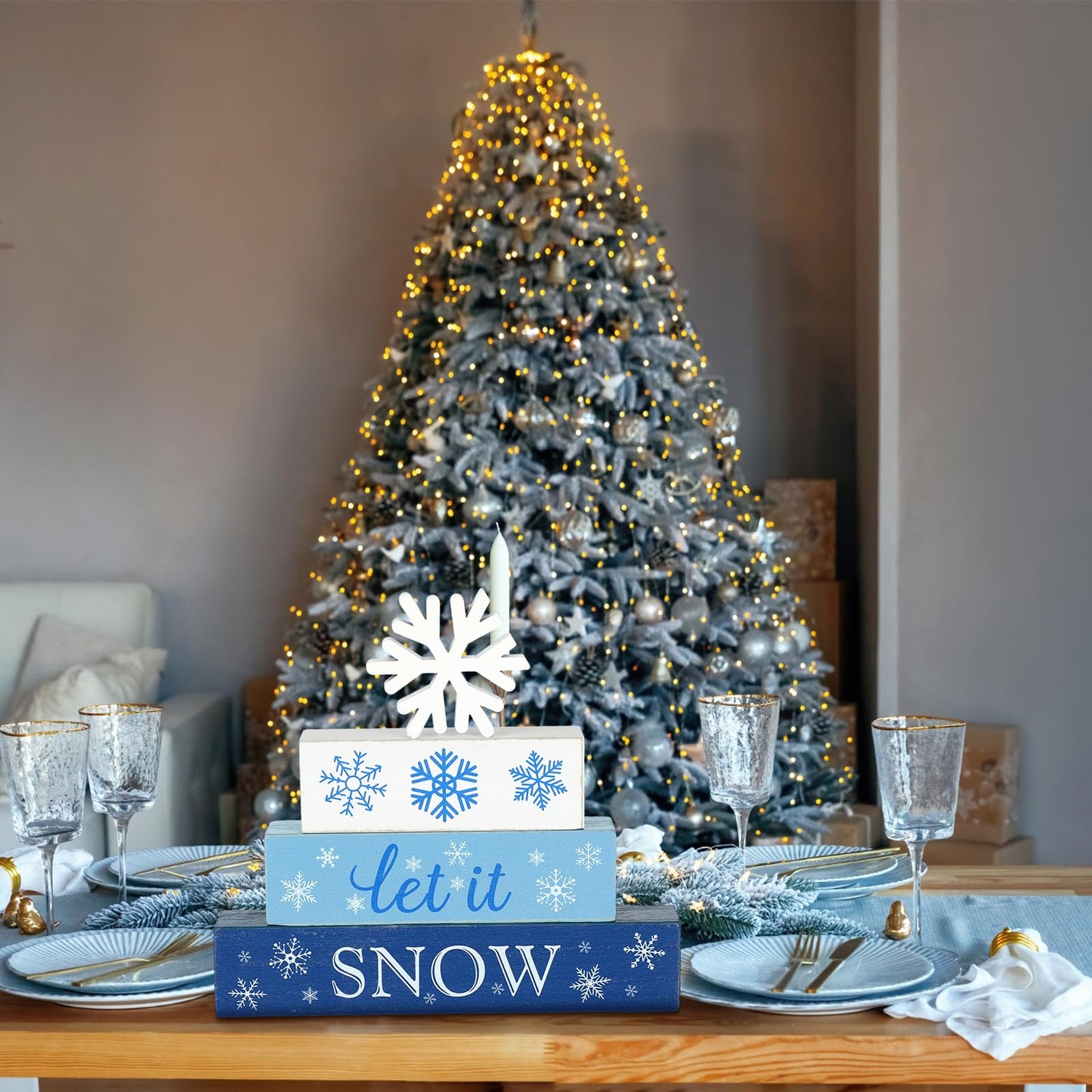 Suzile 4 Pcs Winter Table Decorations Snowflake Tabletop Decor Wooden Winter Tiered Tray Let It Snow Table Topper Centerpiece Tiered Tray for Wonderland Farmhouse Blue Christmas Decorations