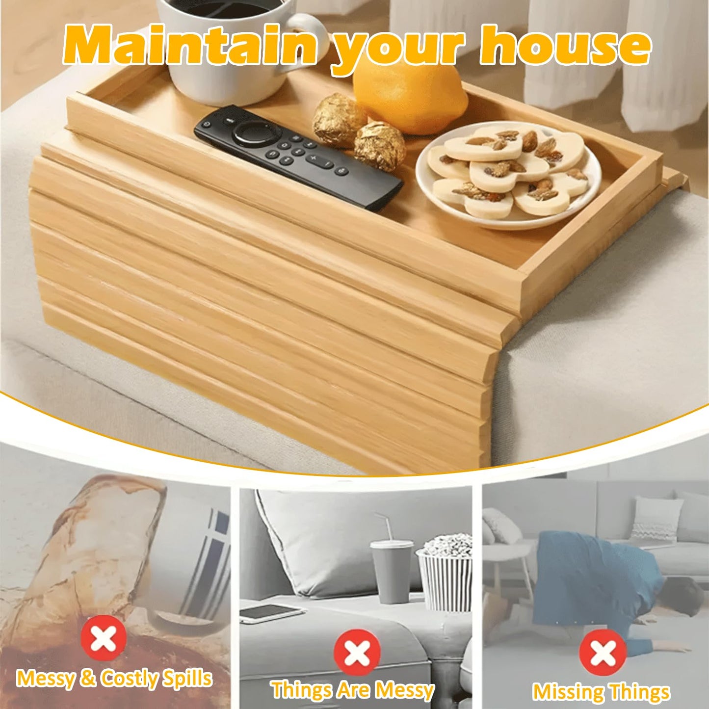 Foldable Bamboo Couch Arm Tray with Detachable Couch Cup Holder– Sofa Armrest Table for Remote, Snacks, Phone – Portable Armrest Caddy Tray for Sofa, Recliner, or Armchair