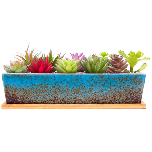 Succulent Pots - 12.1 Inch Large Succulent Planters Pots with Drainage Tray, Long Rectangle Ceramic Pot for Indoor Cactus/Succulent Plants Shallow Bonsai Window Box for Home Garden Decor (Blue)