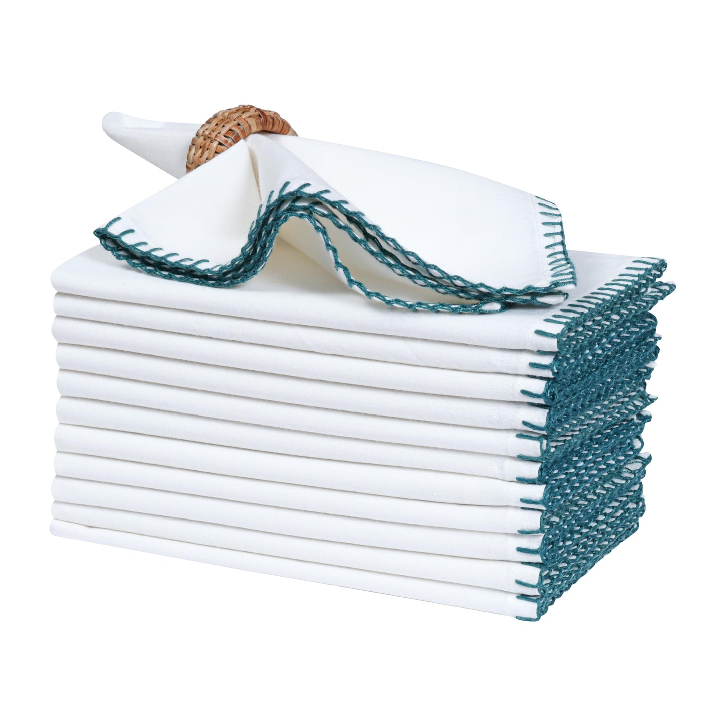 Bedding Craft Cotton Cloth Dinner Napkins Set of 12 –18x18 Funfare Multi-Color Fabric Napkins with Blanket Stitch Selvedge – Washable Wedding Napkins for Parties, Restaurants, Dining & Table Settings