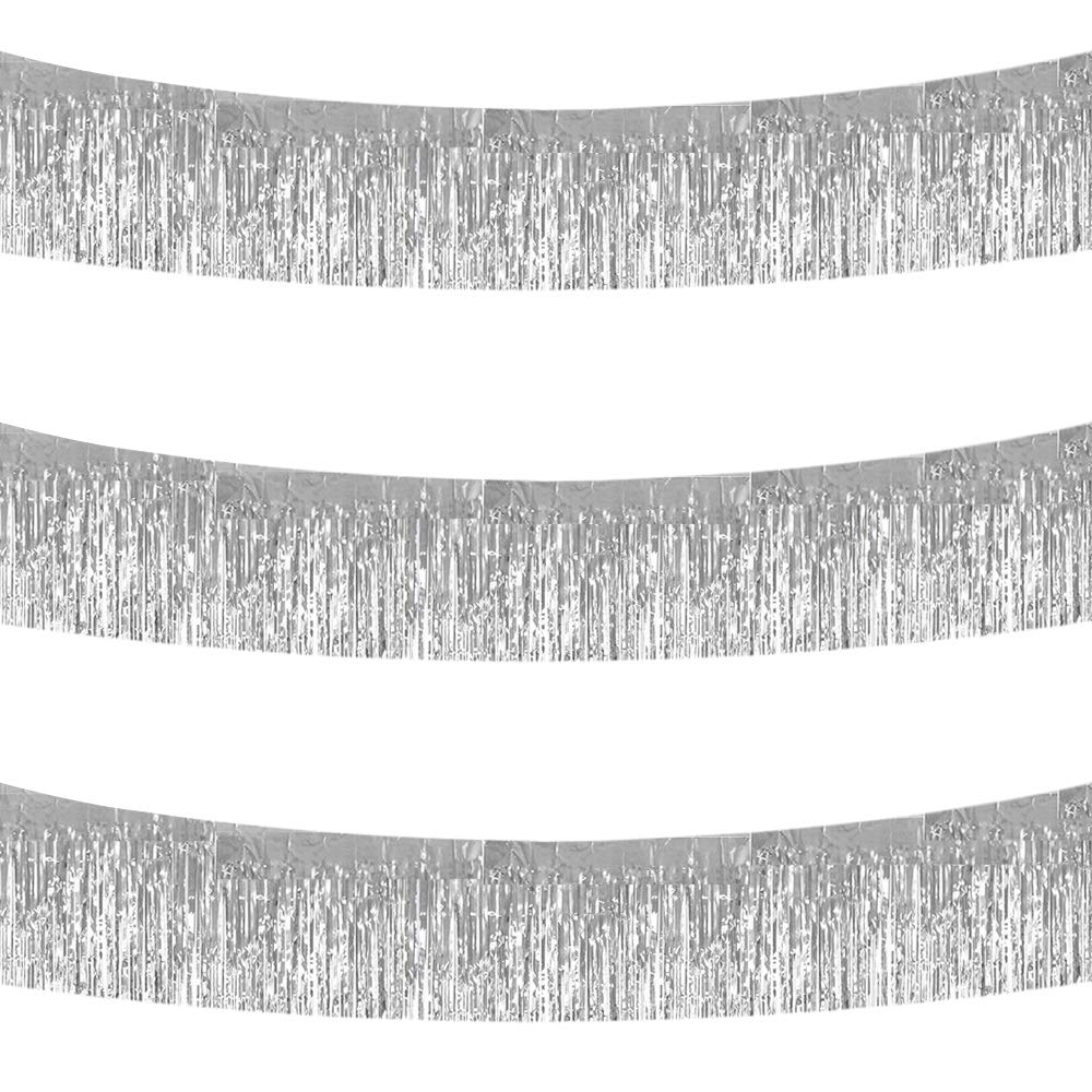 BEISHIDA 3 Packs 30 Feet Metallic Foil Fringe Garland Tinsel Streamers，Shiny Silver Wall Hanging Tinsel Fringe Banners for Wedding Birthday Party Decoration Halloween Christmas New Year