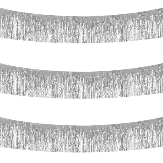 BEISHIDA 3 Packs 30 Feet Metallic Foil Fringe Garland Tinsel Streamers，Shiny Silver Wall Hanging Tinsel Fringe Banners for Wedding Birthday Party Decoration Halloween Christmas New Year