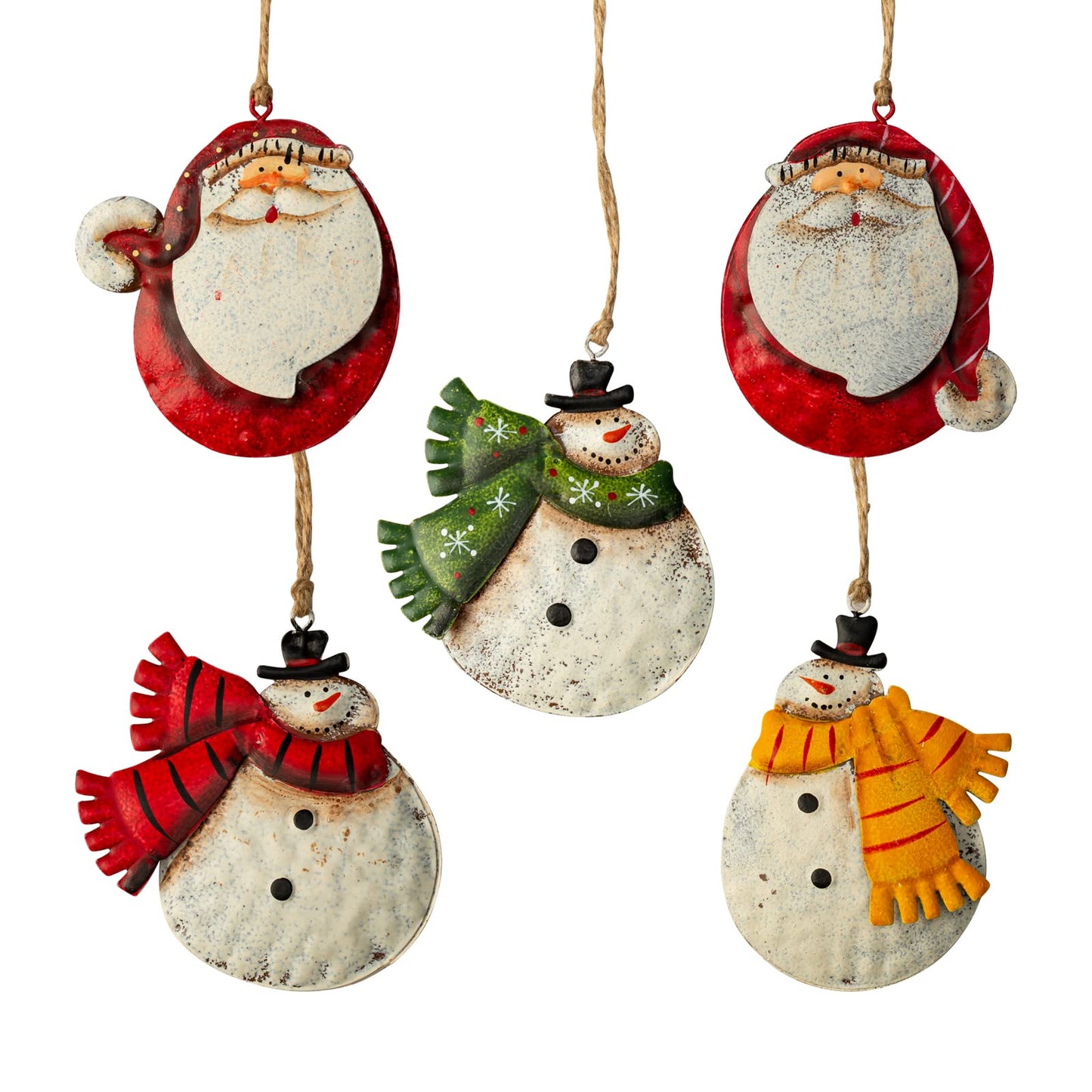 Crafjie 5 Pack Rustic Metal Double-Sided Christmas Tree Ornaments Tin Santa Snowman Decorations Hanging Pendants Ornaments Christmas Hanging Ornament Xmas Holiday Decor