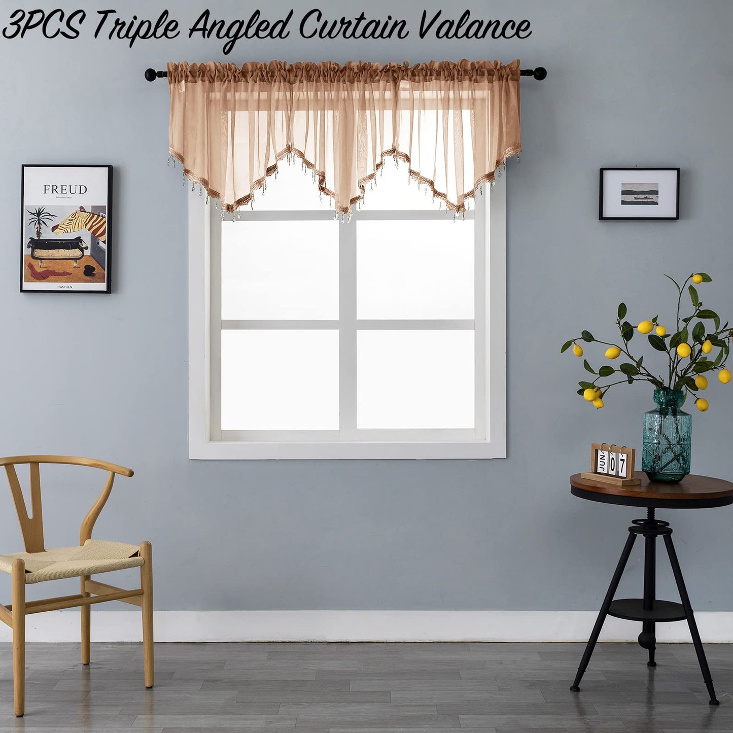 Beaded Sheer Valance Curtains for Living Room,Rod Pocket Farmhouse Window Valance, Bead Trim Tassel Voile Sheer Curtain Valance for Bedroom Bathroom Cafe 51x24 Inches (Brown) 1PC