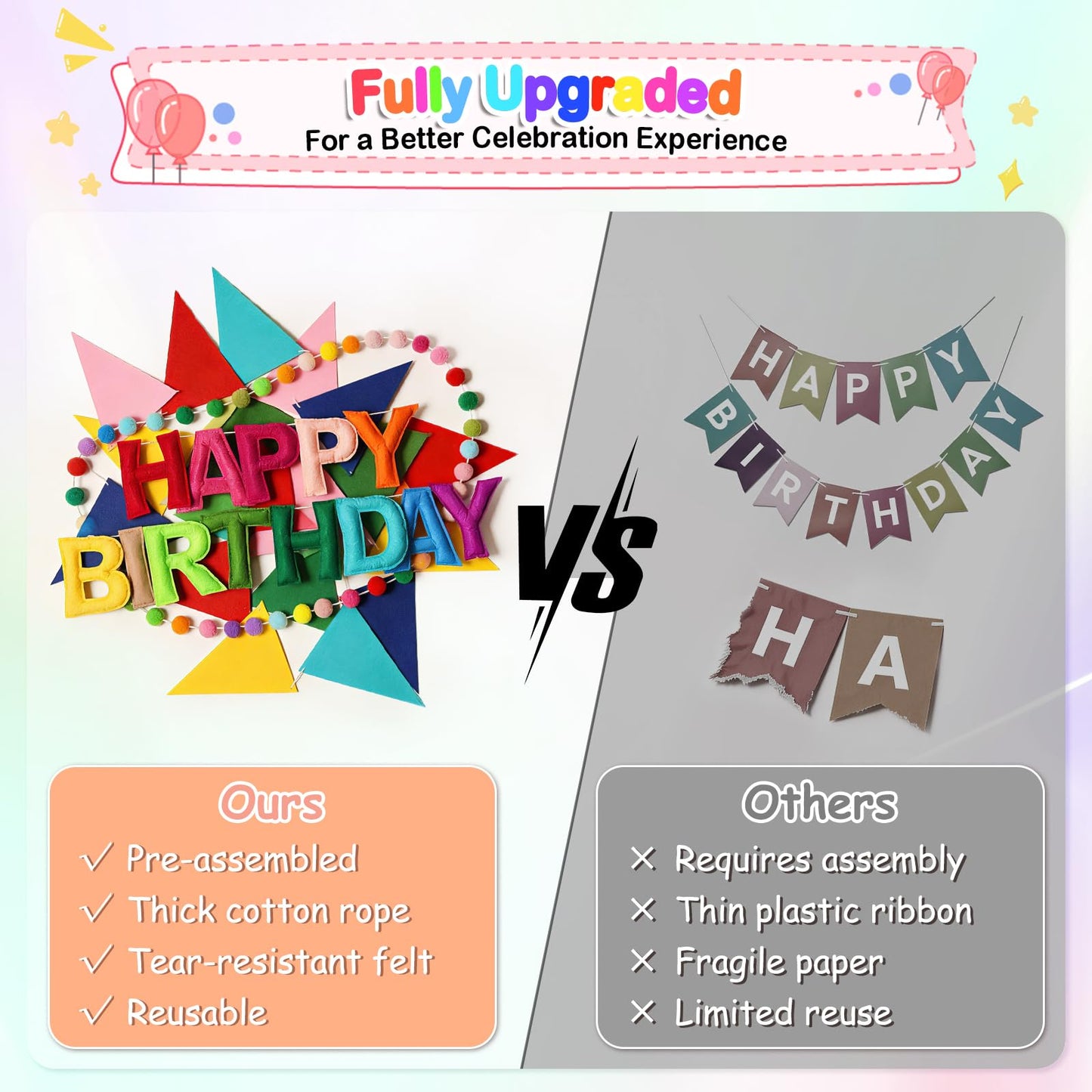Danadia Pre-Strung Happy Birthday Banner, Reusable Felt Birthday Party Decorations, 3D Effect Happy Birthday Sign with Felt Ball Garland, Pennant Flag, Hanging Paper Fans for Men Women Boy Girls (Rainbow)