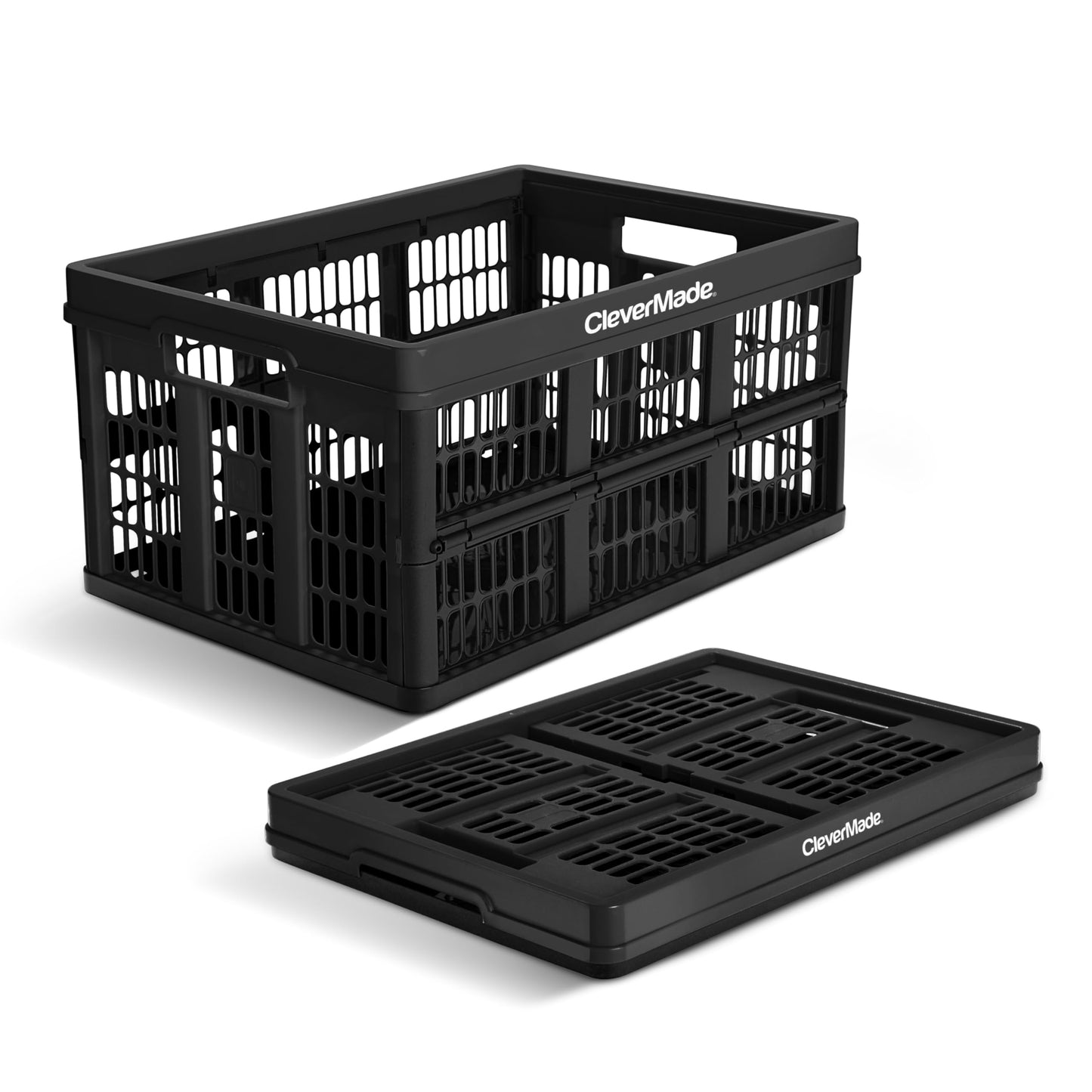 CleverMade Collapsible Utility Crate 45L Foldable Plastic Crate with Heavy Duty 66 lb Capacity for Storage, Trunk Organization, & Moving - Obsidian