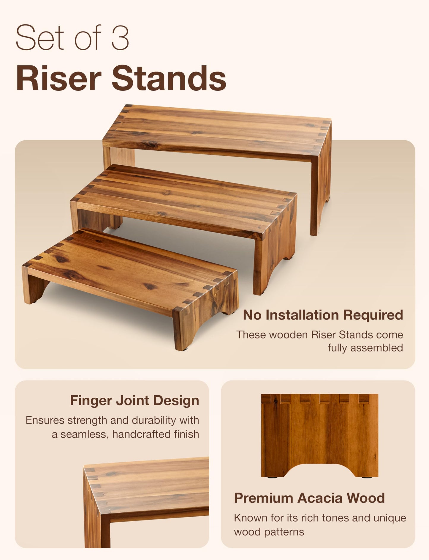 Tidita Acacia Wood Risers Display Stands Set of 3 - Wooden 3 Tier Cupcake Stand - 3 Tiered Riser for Vendors - Decorative Display Risers for Food Desserts Stand, Perfume, Funko POP at Party Wedding