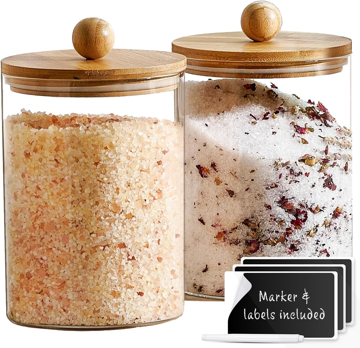 Le'raze 1 Gallon Glass Canister Set for Kitchen Counter with Airtight Bamboo Lids + Marker & Labels - of 2 Large Cookie Jars Wooden Lid, Food Storage Containers Pantry, Flour, Sugar, Pasta, Candy,