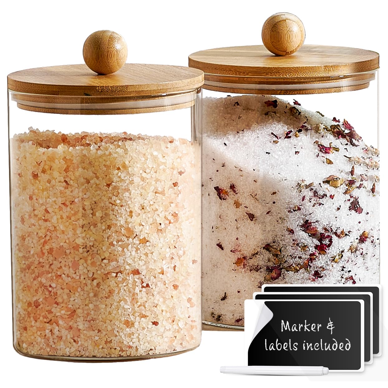 Le'raze 1 Gallon Glass Canister Set for Kitchen Counter with Airtight Bamboo Lids + Marker & Labels - of 2 Large Cookie Jars Wooden Lid, Food Storage Containers Pantry, Flour, Sugar, Pasta, Candy,