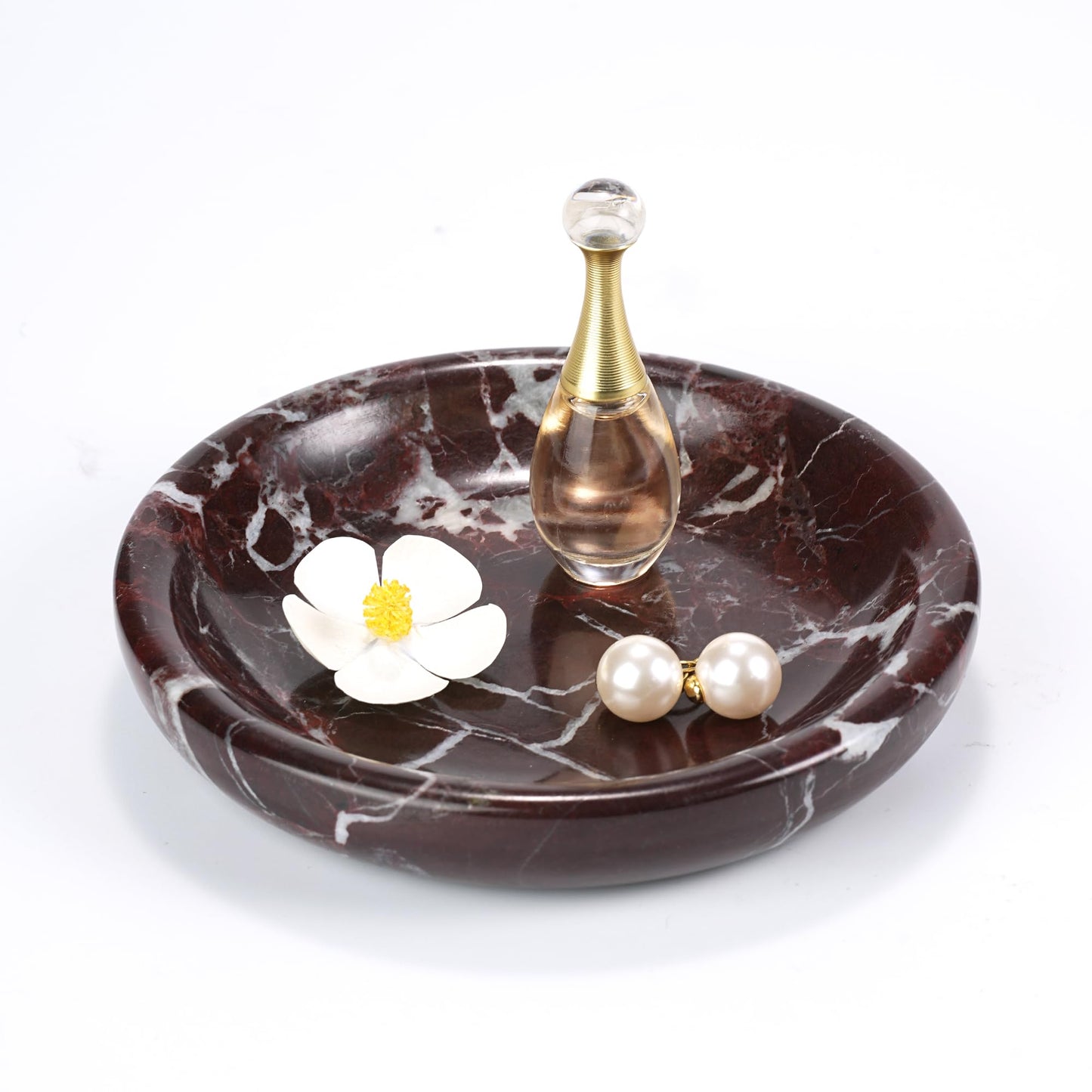 LWALMS Trinket Marble Jewelry Tray - Stone Ring Key Purse Holder Dish, Small Cute Round Plate Decorative Bowl for Nightstand Entryway Coffee Table Decor (5.5 inch)
