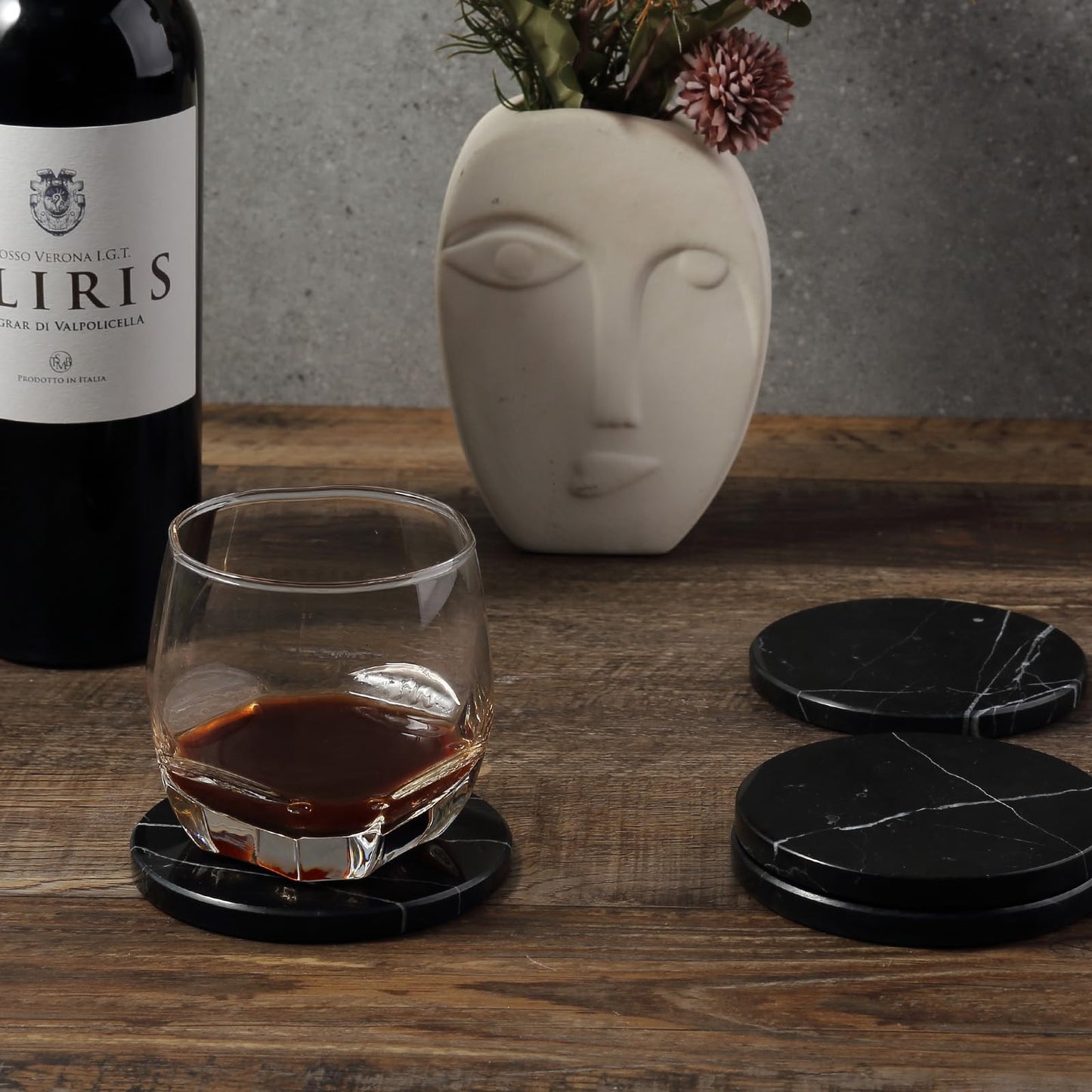 Koville Marble Coaster Set of 4, Round Coasters, 4" Stone Coaster for Drinks Coffee, White Marble Coasters for Coffee Table Home Bar Decor, Heat Resistant, Gift Choice(Black)
