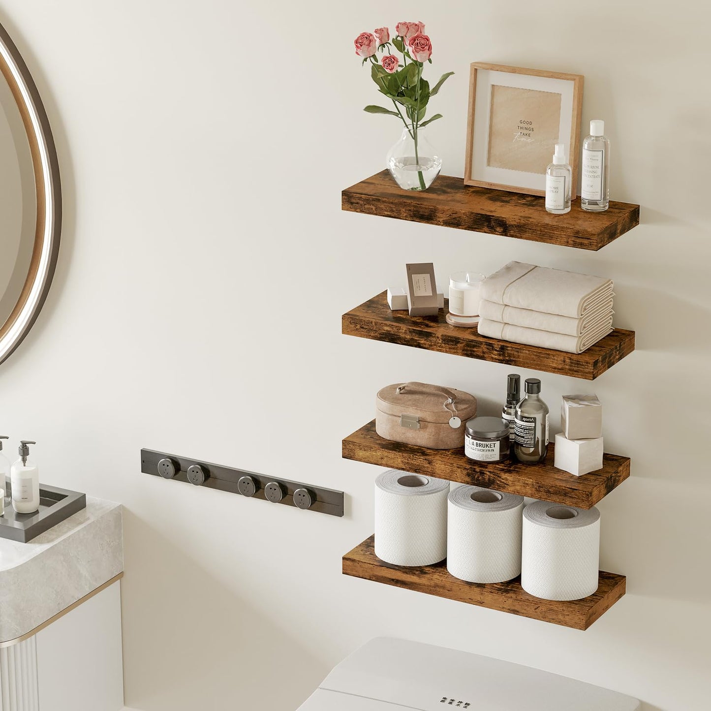 Fixwal Wood Floating Shelves, Wall Shelves Set of 4, Shelves for Wall Decor, with Invisible Brackets for Bathroom, Living Room,Bedroom and Kitchen(Rustic Brown)