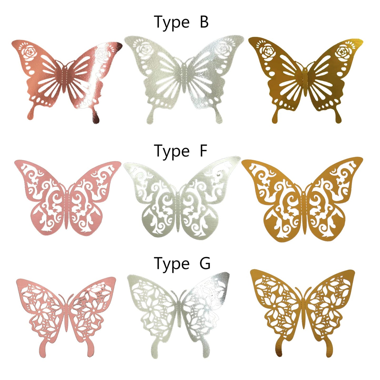 Lefiocky 180 Pcs 3D Butterfly Wall Decor 3 Style Gold Silver Rose Gold Butterflies Sticker Decorations 3 Sizes Removable Wall Decals for Cake Decorating Wedding Birthday Party DIY Cosplay