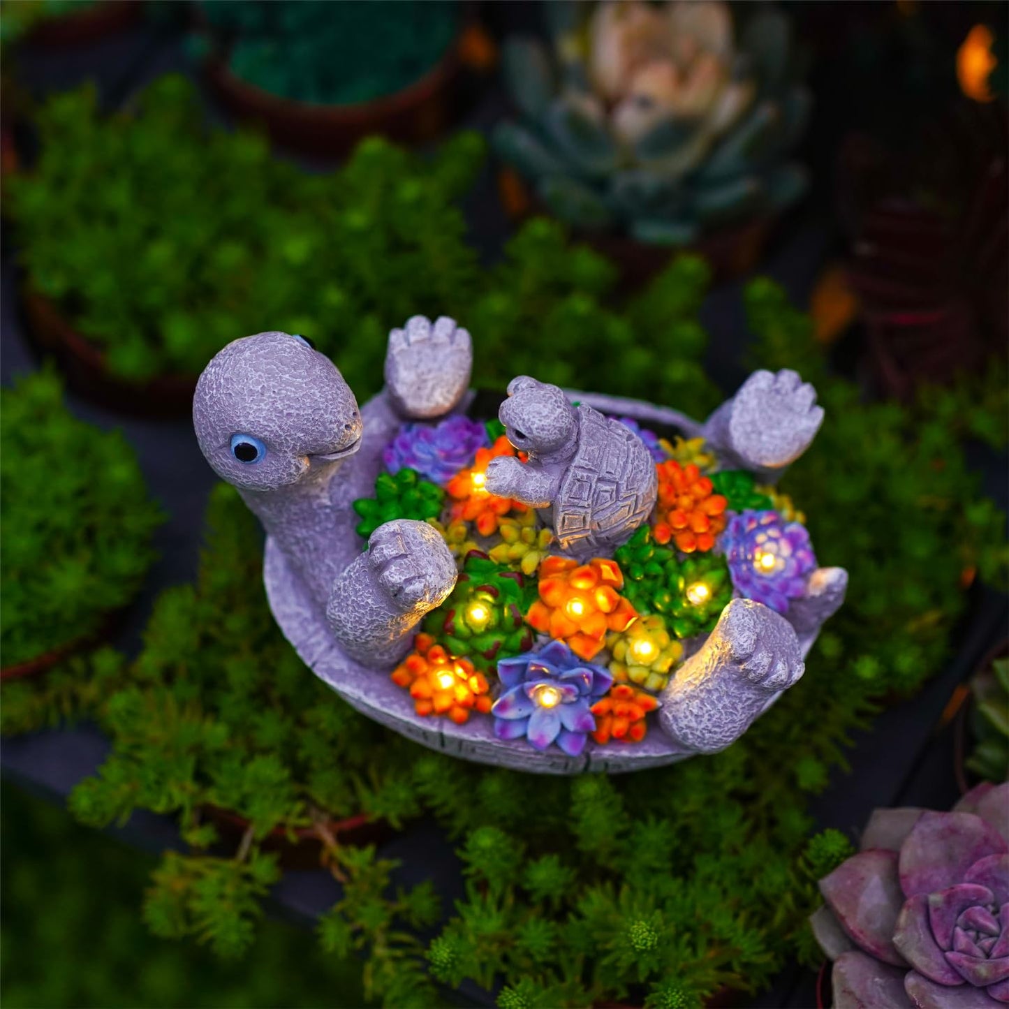 Pohabery Solar Turtle Figurines Garden Decor, Cute Turtle Statue with Baby with 7 LED Solar Lights Garden Lawn Decorations for Patio & Yard, Gifts for Mom, Gery