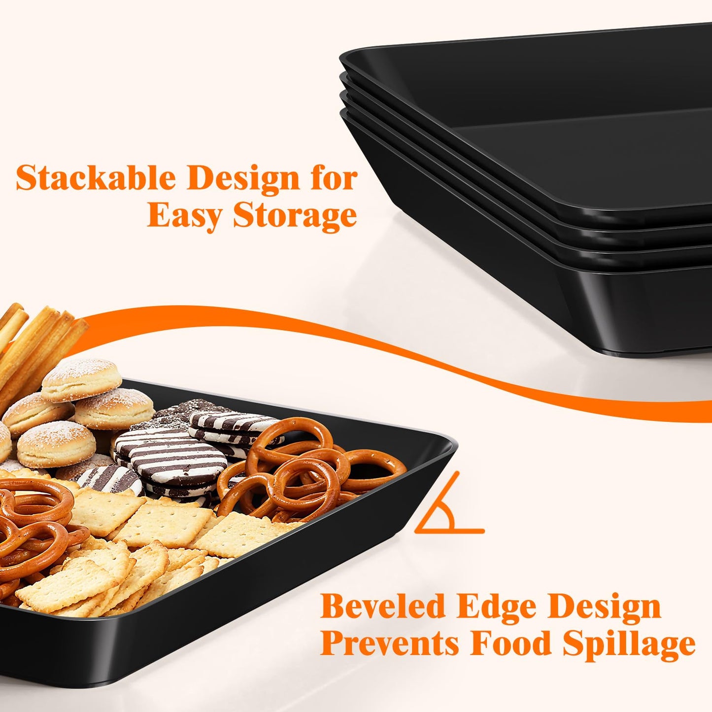 SpaceTrove 4-Pack Serving Tray Set, Reusable Plastic Serving Platter for Party Supplies, Entertaining, Grilling Accessories, Stackable Kitchen Snack Box Container for Dessert, Fruit, Cookie, (Black)