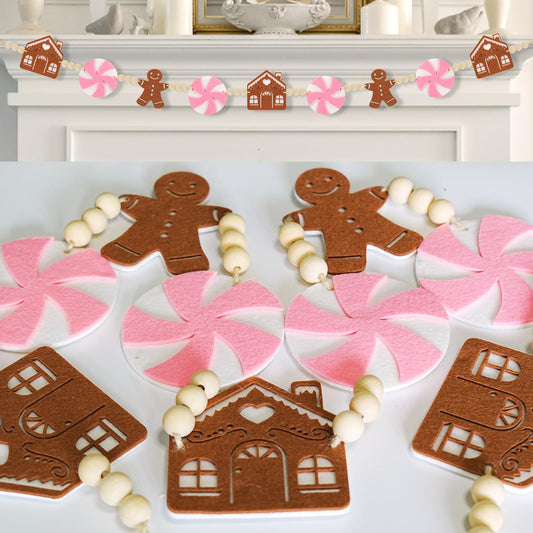 KnomeKo 6Ft Pink Christmas Garland - Pink Candyland Christmas Ornaments Felt Gingerbread House with Wood Beads - Christmas Gingerbread Decor for Mantle, Wall, Tree, Indoor