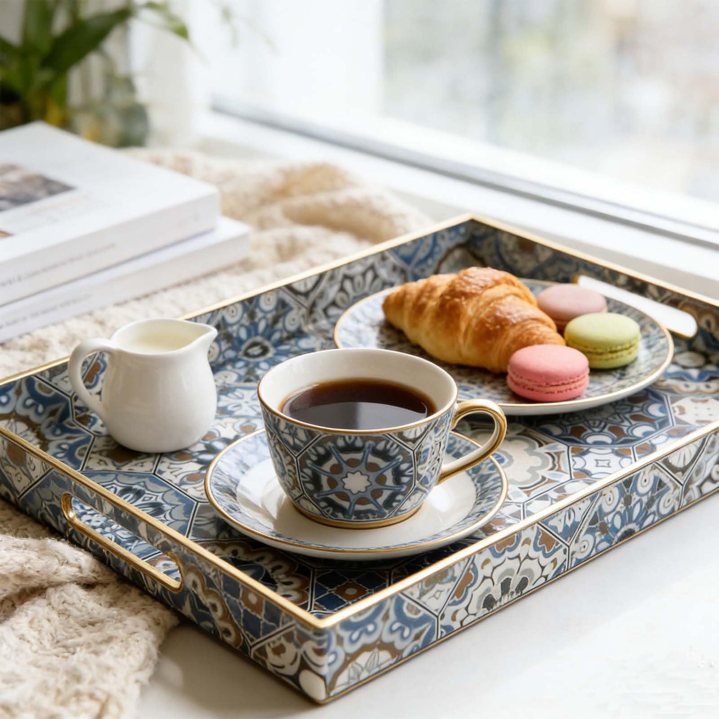 Fuukou Large Serving Tray with Handles,Rectangle Plastic Serving Tray,Bohemian Blue Ottoman Trays Coffee Table Trays for Living Room,Decorative Tray for Coffee Table 16" x 12"
