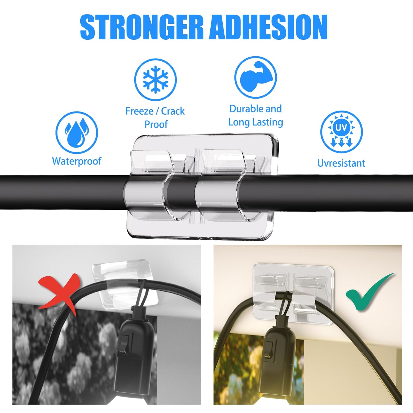 Keviyi Hooks for Outdoor String Lights Clips: 26Pcs Double Hooks for Hanging - Heavy Duty Clear Cable Clips with Waterproof Adhesive Strips - Outside Sticky Hooks Non-Slip No Drill