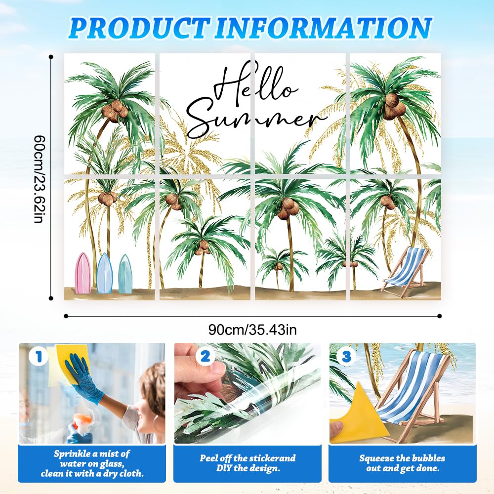Heirloom Haven Extra Large Hello Summer Window Clings, Summer Sun Beach Window Removable Double Sided Coconut for Glass Windows Home Store Decor