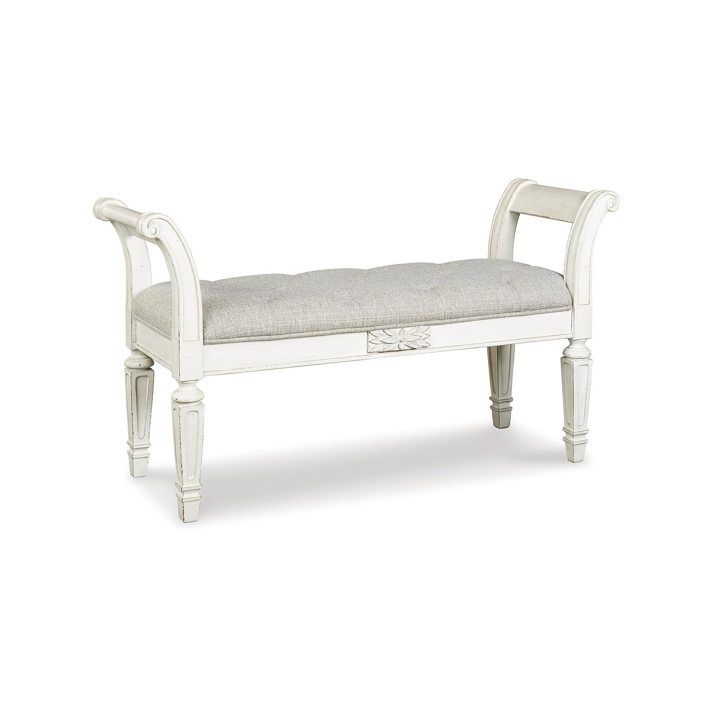 Signature Design by Ashley Realyn French Country Upholstered Tufted Accent Bench with Foam Cushion and Scrolled Arms, Wood Frame, 25.88" High, Antique White