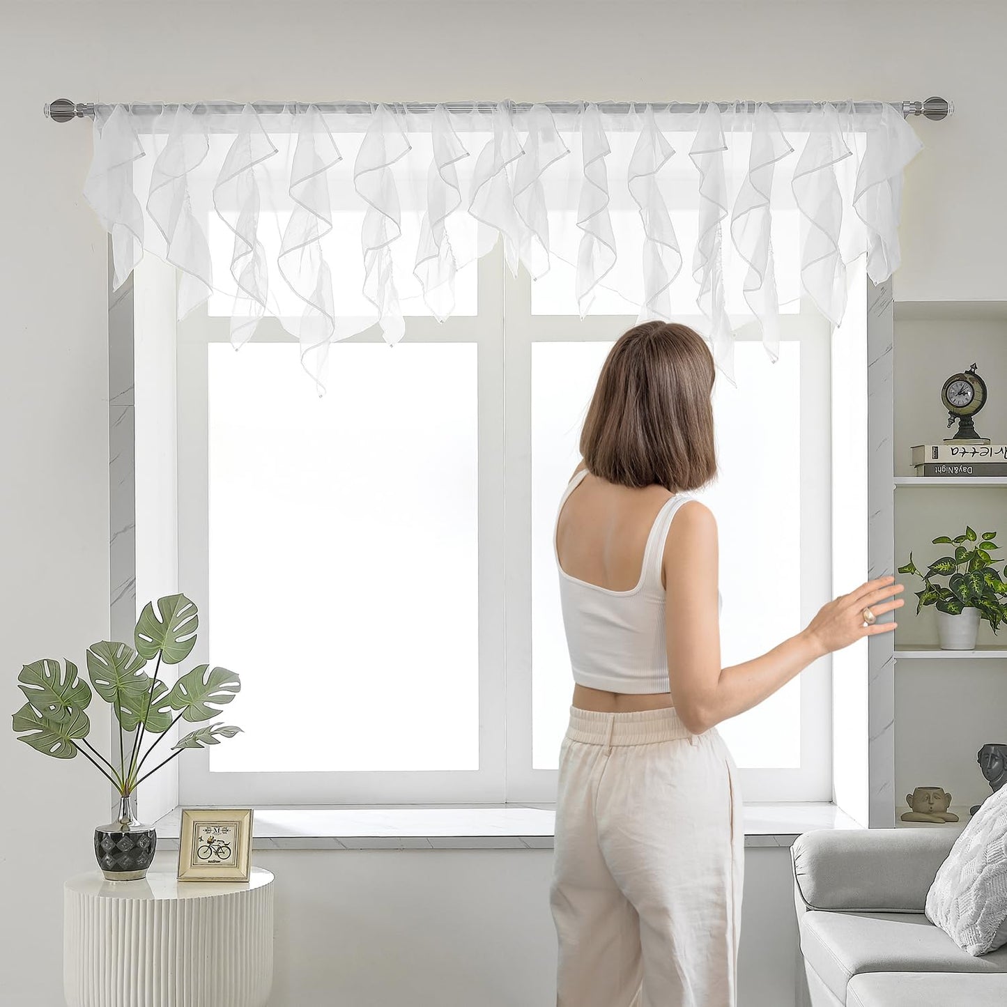 PearAge Ruffled Voile Semi Sheer Curtain Valance, Kitchen Living Room Shabby Chic Ruffle Valance Curtains, Girls Daughters Bedroom Cascade Window Valance 52x26 Inches (White-Triangle)