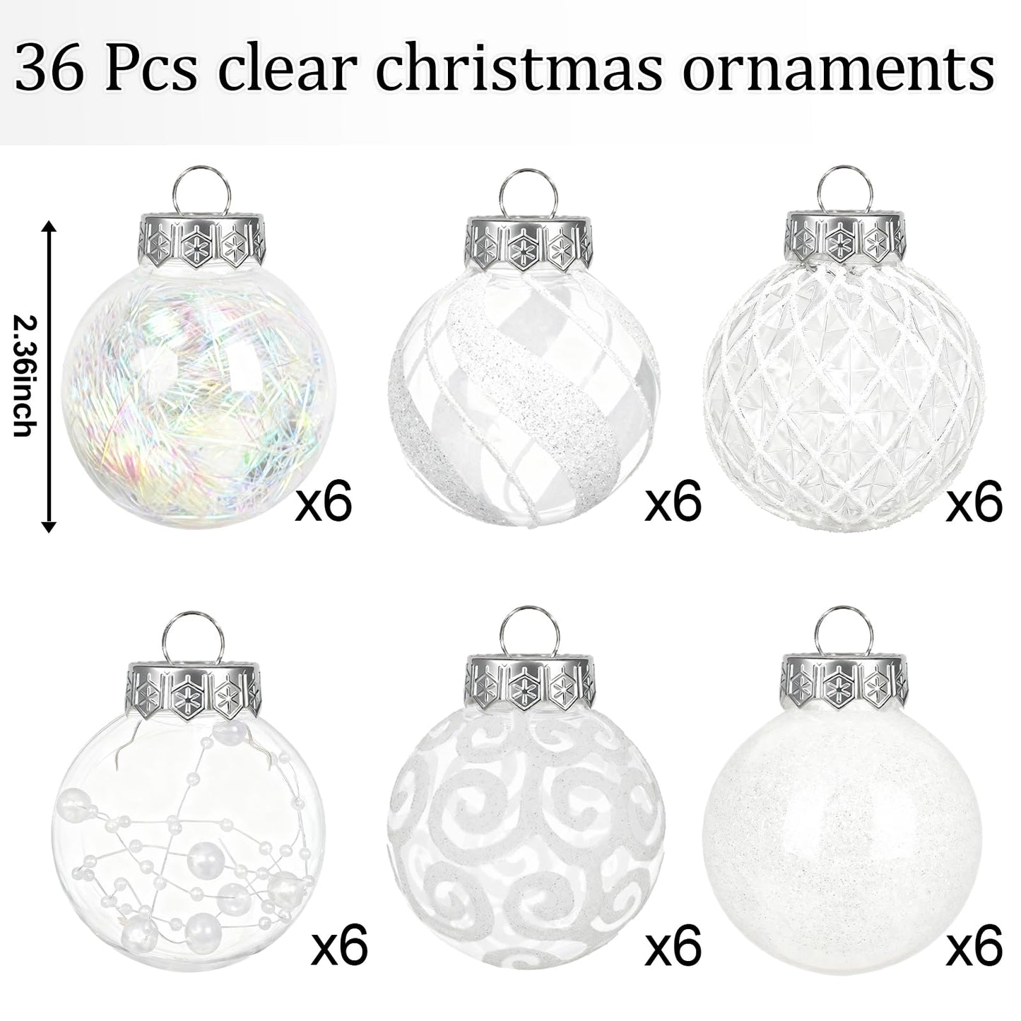 Ouddy Decor 36 Pcs Clear Christmas Ball Ornaments, 2.36" Shatterproof White Plastic Christmas Ornaments Set Decorative Hanging Transparent Baubles for Xmas Tree Holiday Party Decor, White