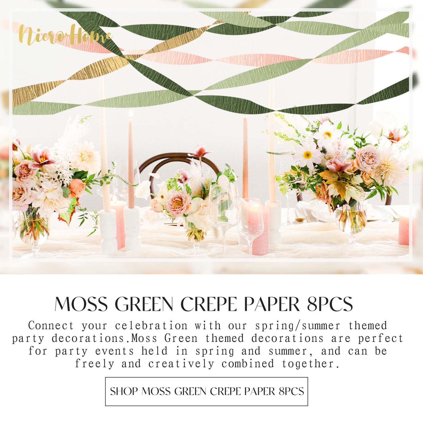 NICROHOME EUR Wedding Party Decorations, 8 Rolls Moss Sage Green Pink Crepe Paper Streamers for Boho Baby Shower, Wedding, Engagement Party, Spring Party, Birthday Party Supplies, 82 ft Long