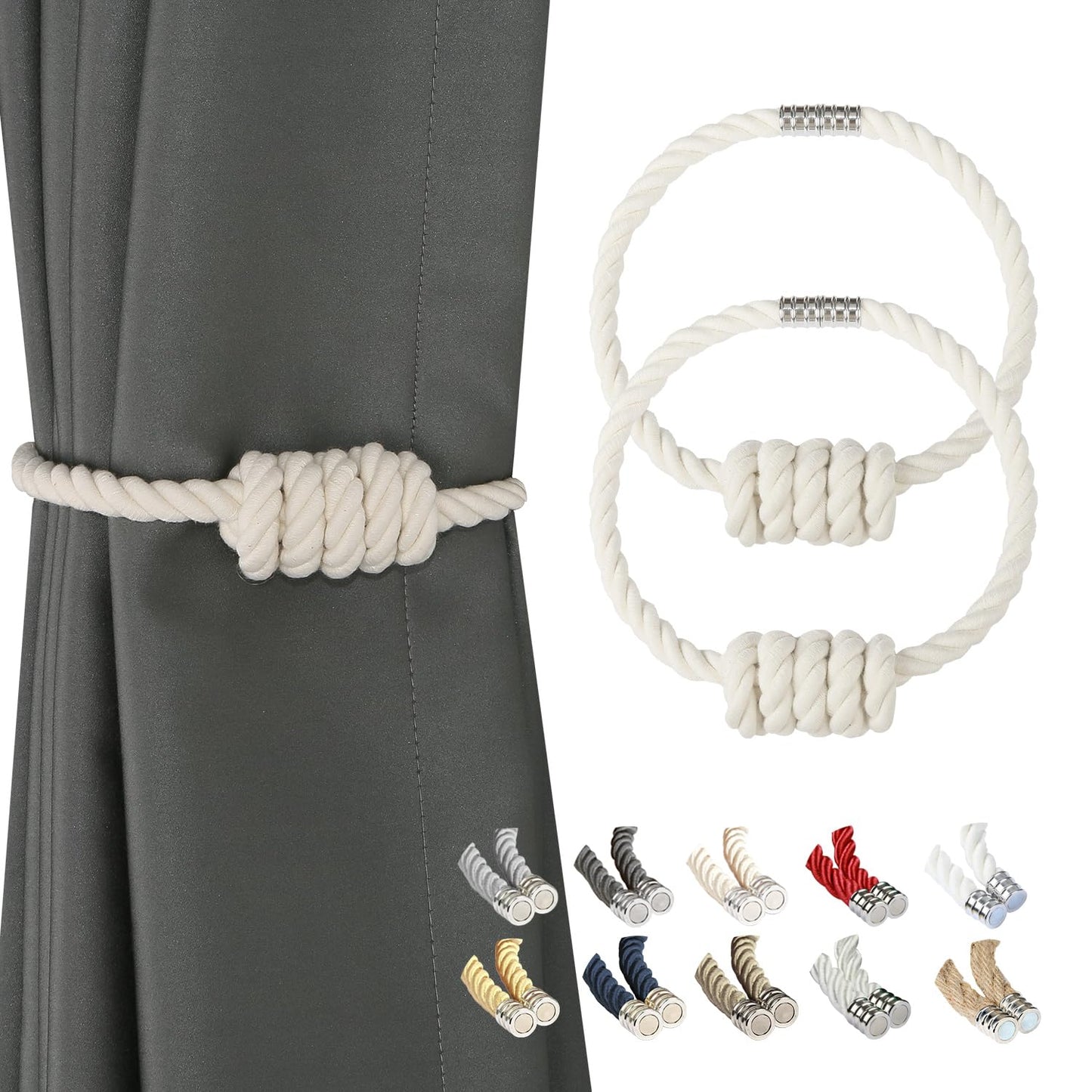 BEL AVENIR Magnetic Cotton Curtain Tiebacks, Decorative Drapery Holdbacks Modern Woven Tie-Backs with Exquisite Knot (Cotton, 2 Pack)