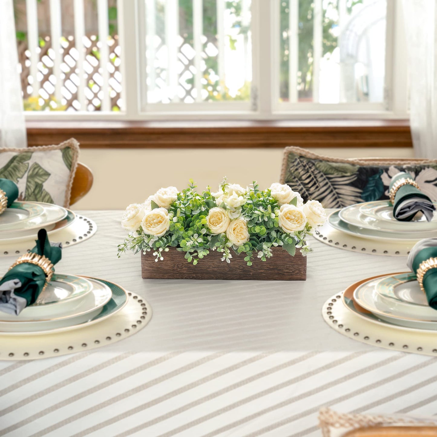 Dahey Centerpiece Table Decorations for Dining Room Farmhouse Table Centerpieces Decor Wood Tray with 3 Artificial Flowers and 2 Eucalyptus for Living Room Kitchen Table, 14.1" x 4.7" x 3.1"