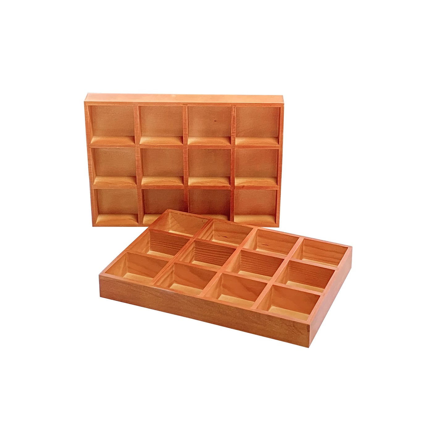 Cregugua 2 Pack Wooden Sorting Tray Grid Display Wood Divided Organizer Brown finished Section Box (12 Compartments,12.9 x 9.1 x 1.55 Inch Each Tray)