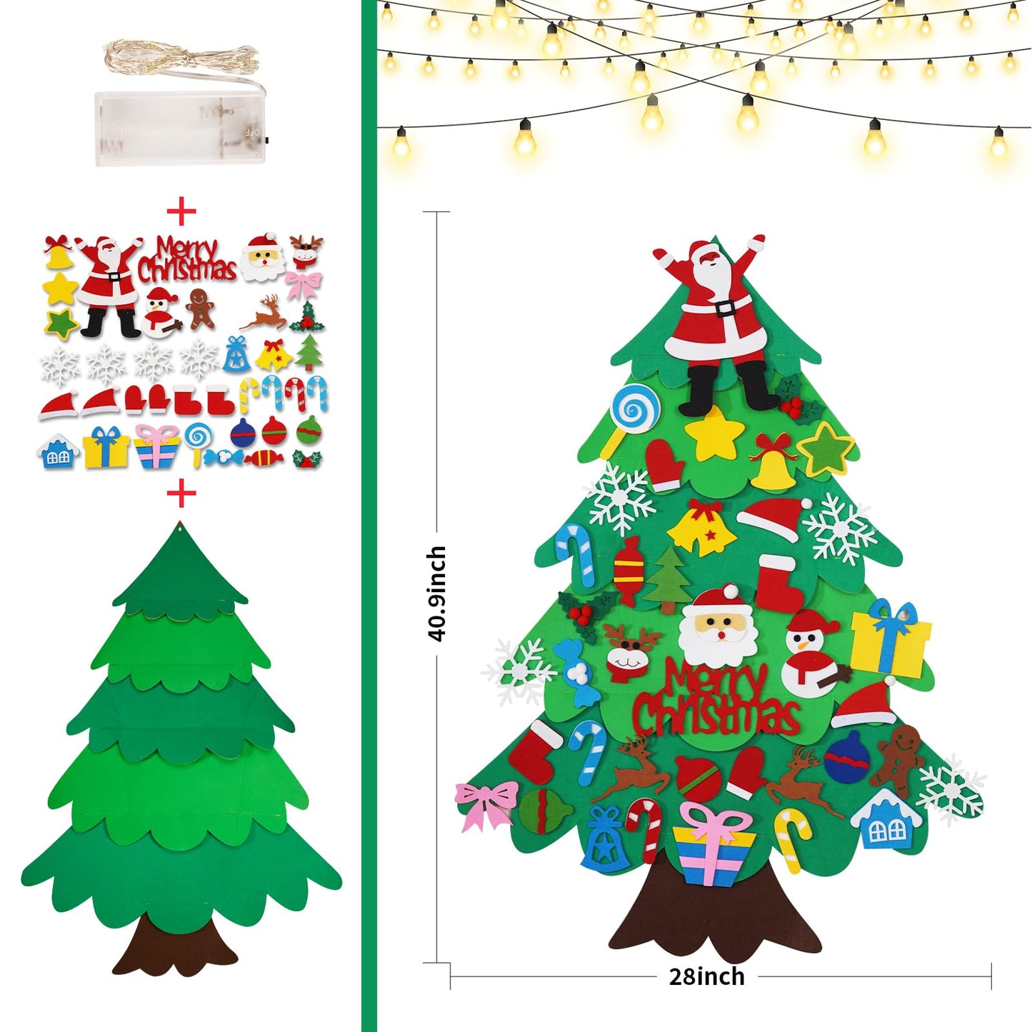 Srkmxzr Felt Christmas Tree for Toddlers, Felt Christmas Tree with Lights, 38Pcs DIY 3D Wall Hanging Christmas Trees for Toddler Baby Kid Child, Felt Craft Kits for Xmas Party Decor Gift
