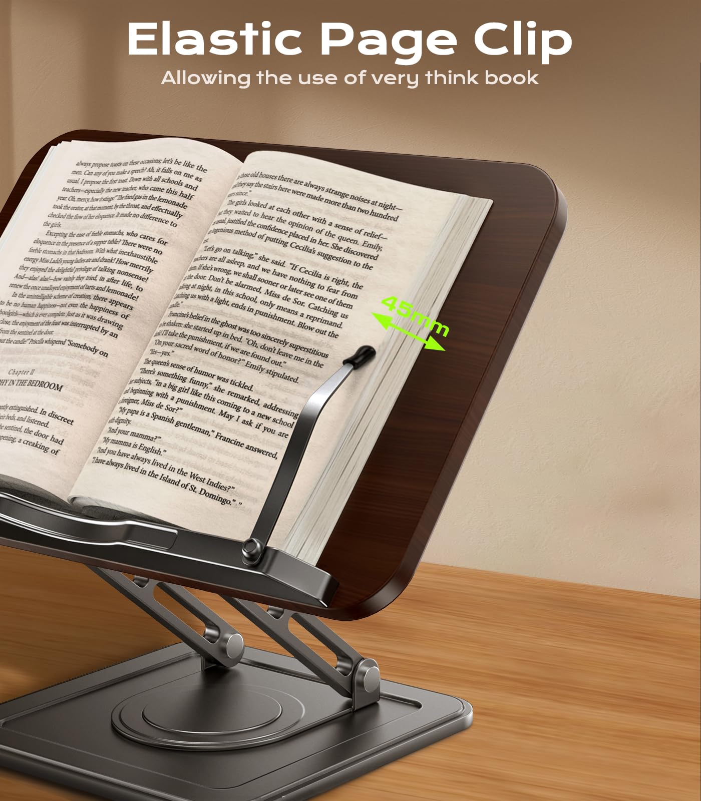 Book Stand for Reading, Adjustable Book Holder with 360°Rotating Bases, Ergonomic Cookbook Stand Recipe Book Holder with Elastic Page Clips for Magazines, Tablets, Laptops,Black