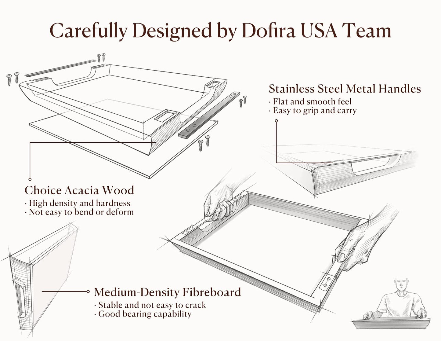 Dofira Acacia Wood Serving Tray with Metal Handles, 17x13in Food Drinks Tray for Coffee Table, Breakfast, Dinner & Bar, Rustic Decorative Storage Tray for Ottoman, Kitchen, Elegent Gift for Mom