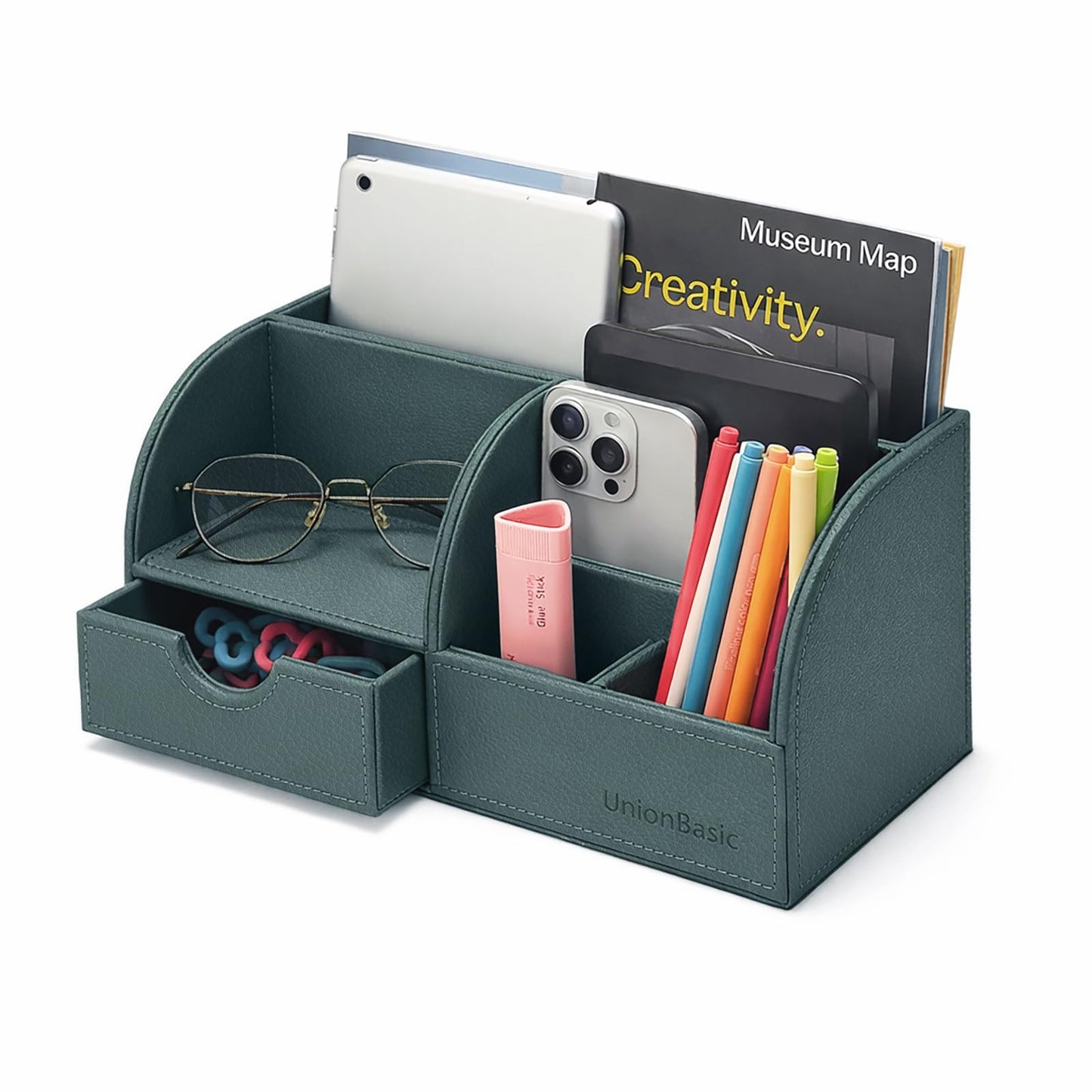 UnionBasic Desk Organizer - Multifunctional Leather Desktop Pen Holder Storage Box - Business Card/Pen/Pencil/Mobile Phone/Stationery Holder, Dark Ivy