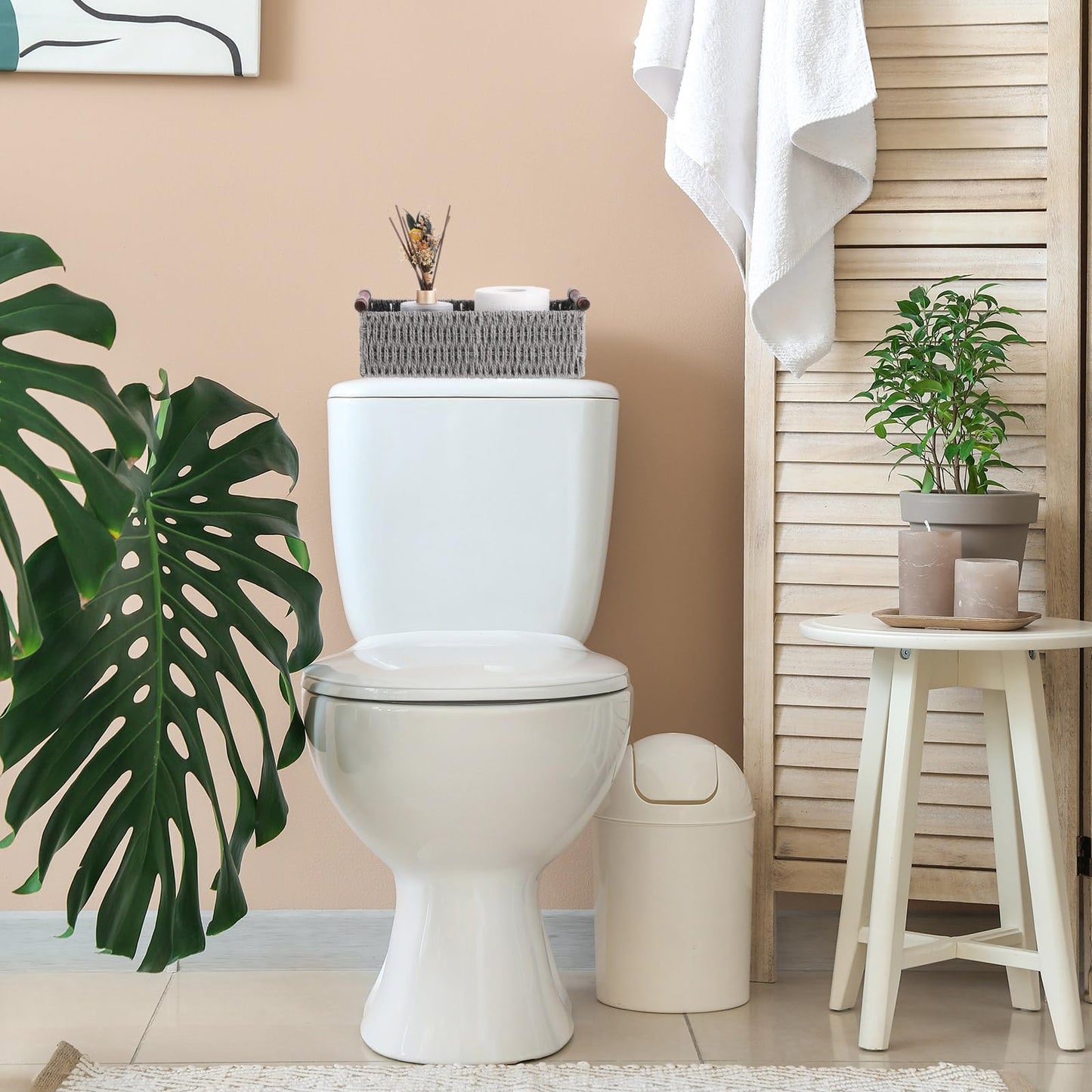 Boao 3 Pcs Boho Storage Wicker Baskets Handmade Woven Decorative Paper Rope Baskets for Organizing with Handle Countertop Toilet Paper Storage Container for Toilet Tank Top(Grey,Rectangle)