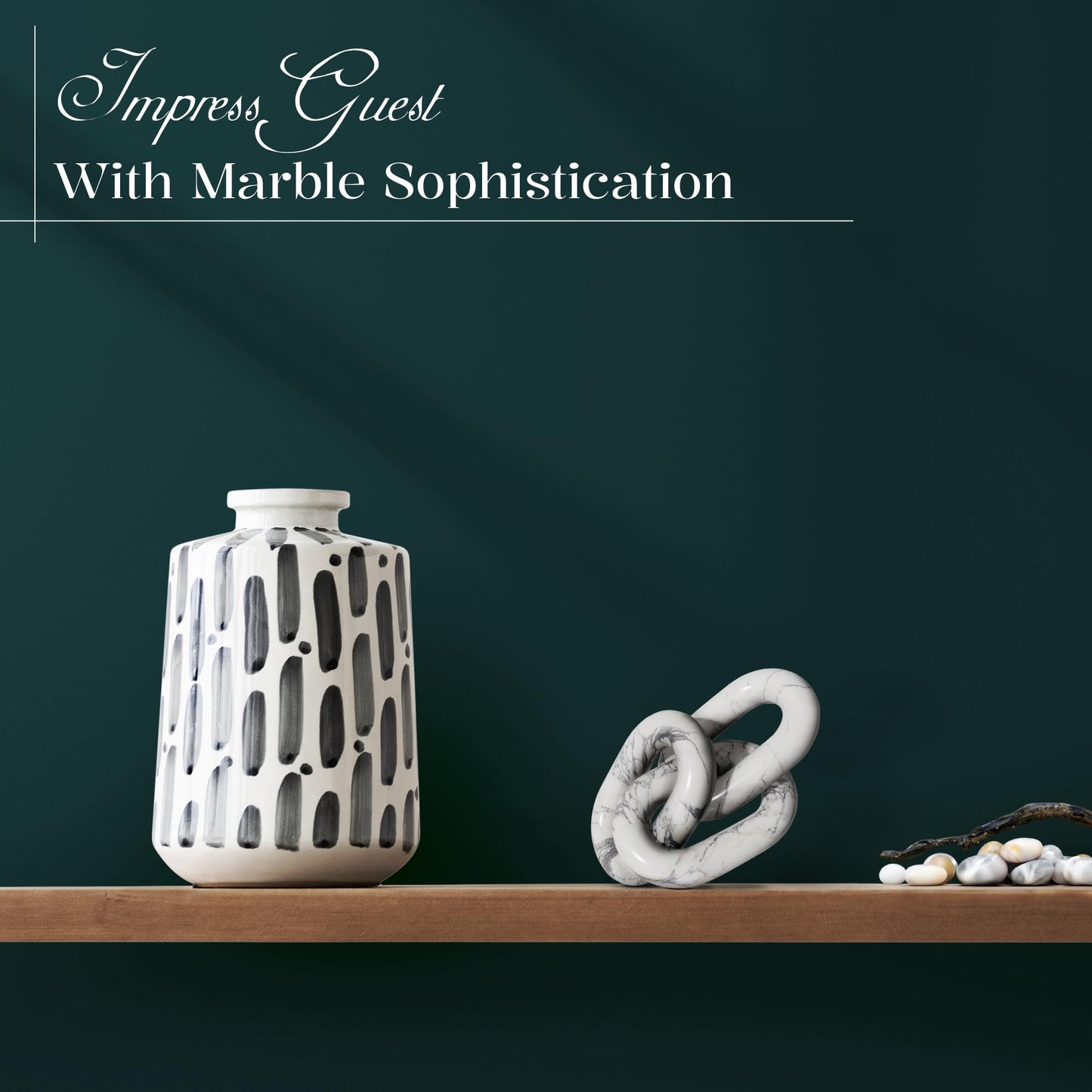 Kaivi Artisan Hand-Crafted Marble Decor Chain Link, Timeless Decorative Marble Links Home Decor for Living & Outdoor Spaces, Unique Marbling, Smooth Premium Imported Marble 13", Nero Marquina