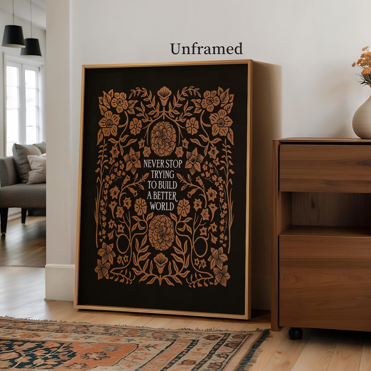Inspirational Canvas Wall Art, Rustic Flowers Motivational Quotes Poster, Dark Brown Never Stop Trying To Build A Better World Poster Positive Affirmations Wall Art 12x16in Unframed
