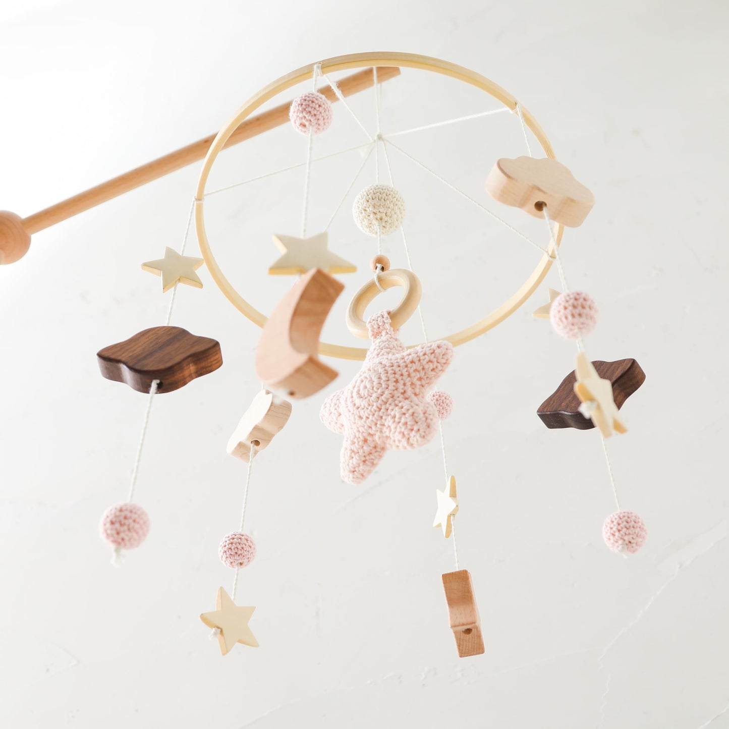let's make Baby Crib Mobile for Boys Girls| Boho Nursery Mobile| Gender Neutral Hand-Crocheted Mobile| Ceiling Mobile - Stars, Clouds, Moon (Pink)