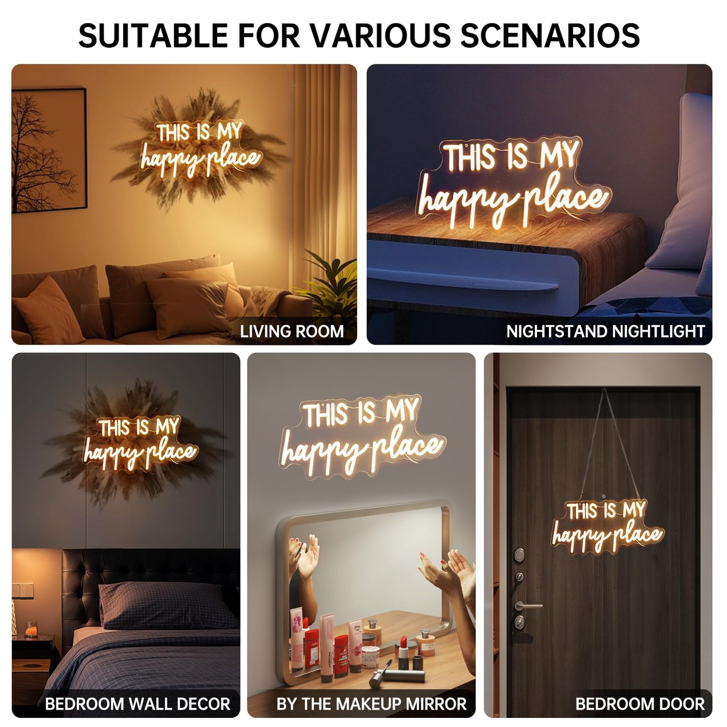 Neon Lights for Wall Decor - This Is My Happy Place Neon Signs for Teen Girls Bedroom Decor, Led Sign for Wall Decor, Nightstand Light, Dimmable Switch USB Power, Adhesive Hook Included